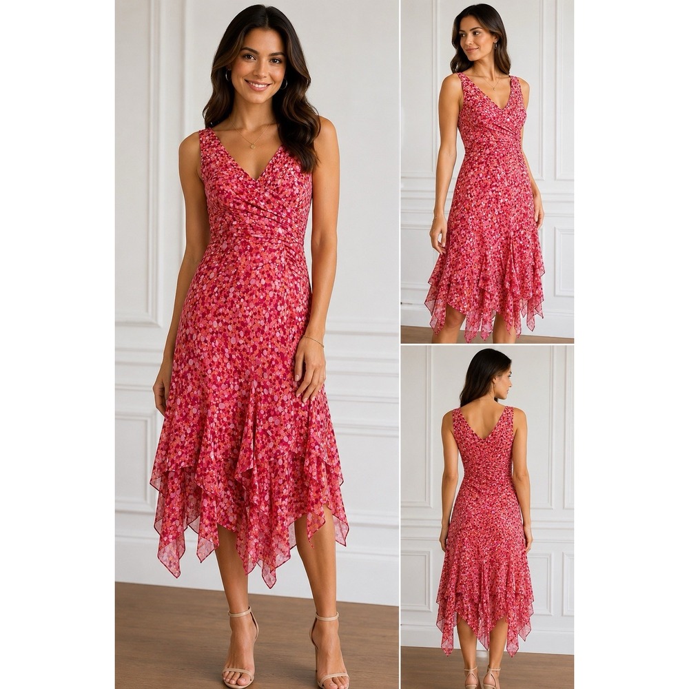 Kay Unger NY 100% Silk Floral Print Asymmetrical Hem Romantic Feminine Dress 10